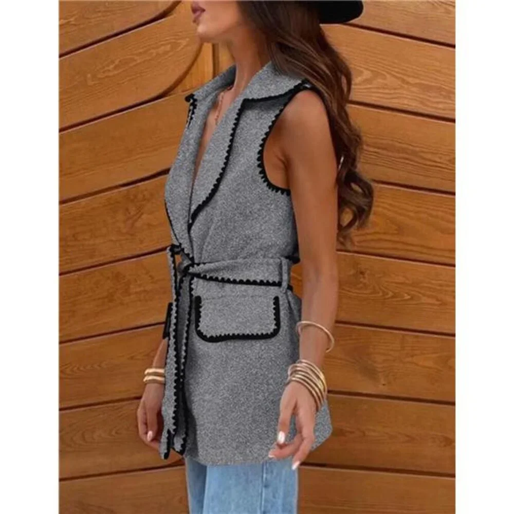 Women's Fall Tweed Vest Jackets Sleeveless Lapel Button Front Belt Cardigan_5